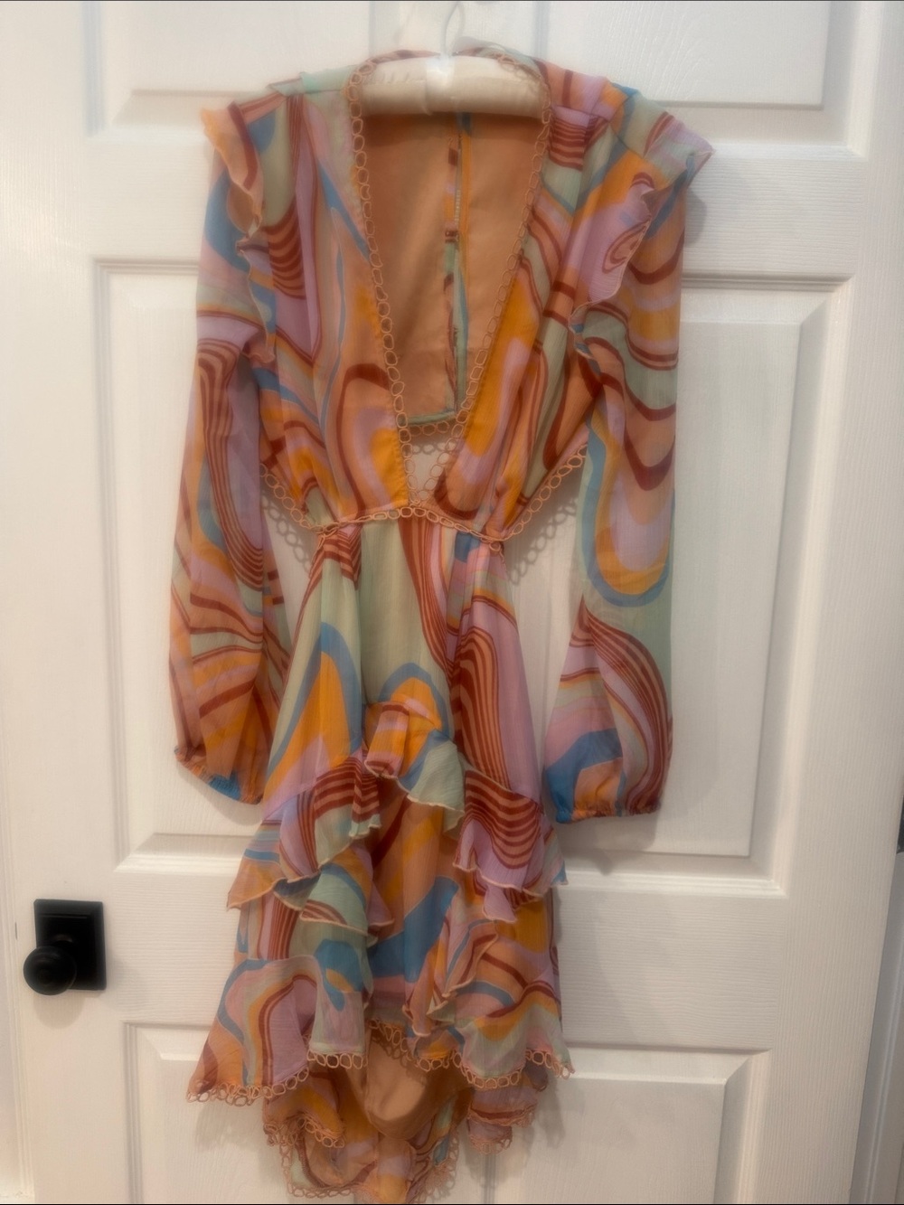 ASOS Pastel Swirl Ruffle Mini Dress - Picture 3 of 5